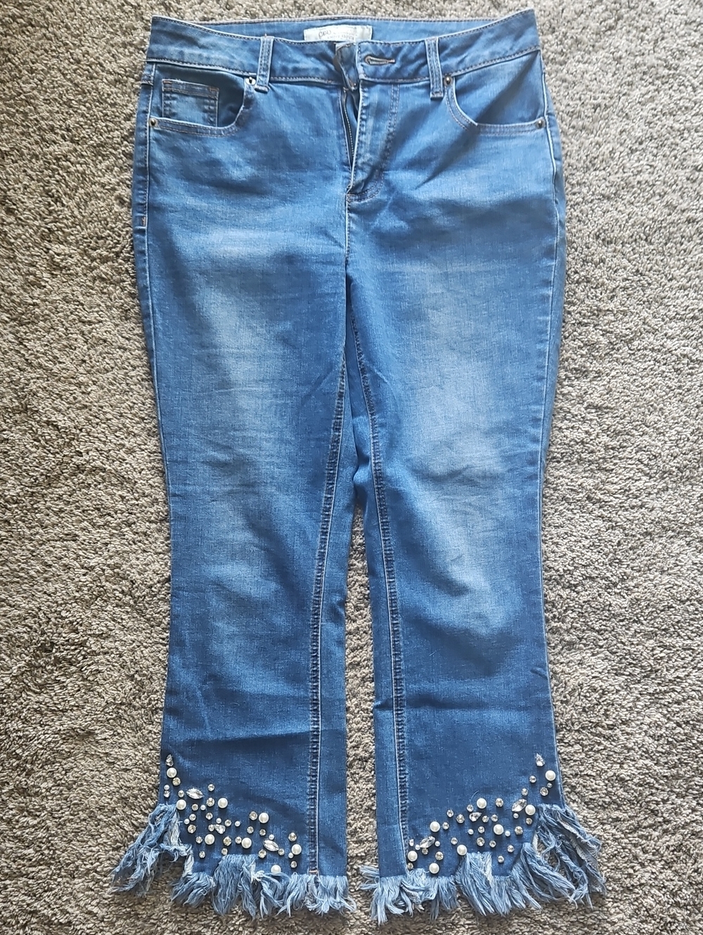 Women’s Blue Embellished Fringe Hem Jeans